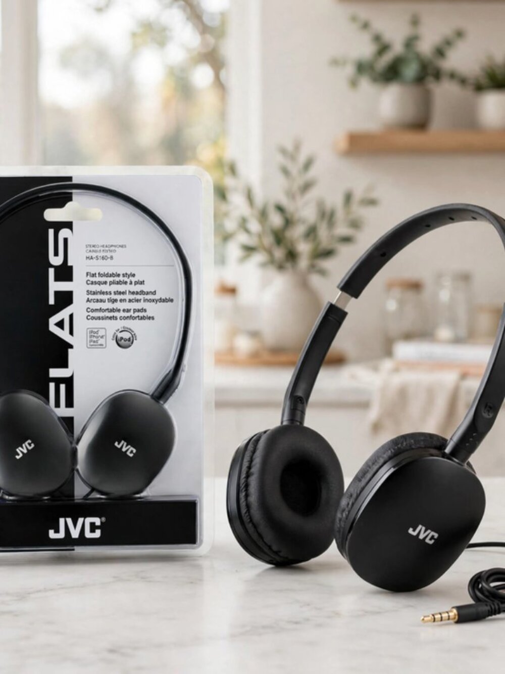 JVC Flats On-Ear Wired Headphones - Flat Foldable Design - 30mm - Black